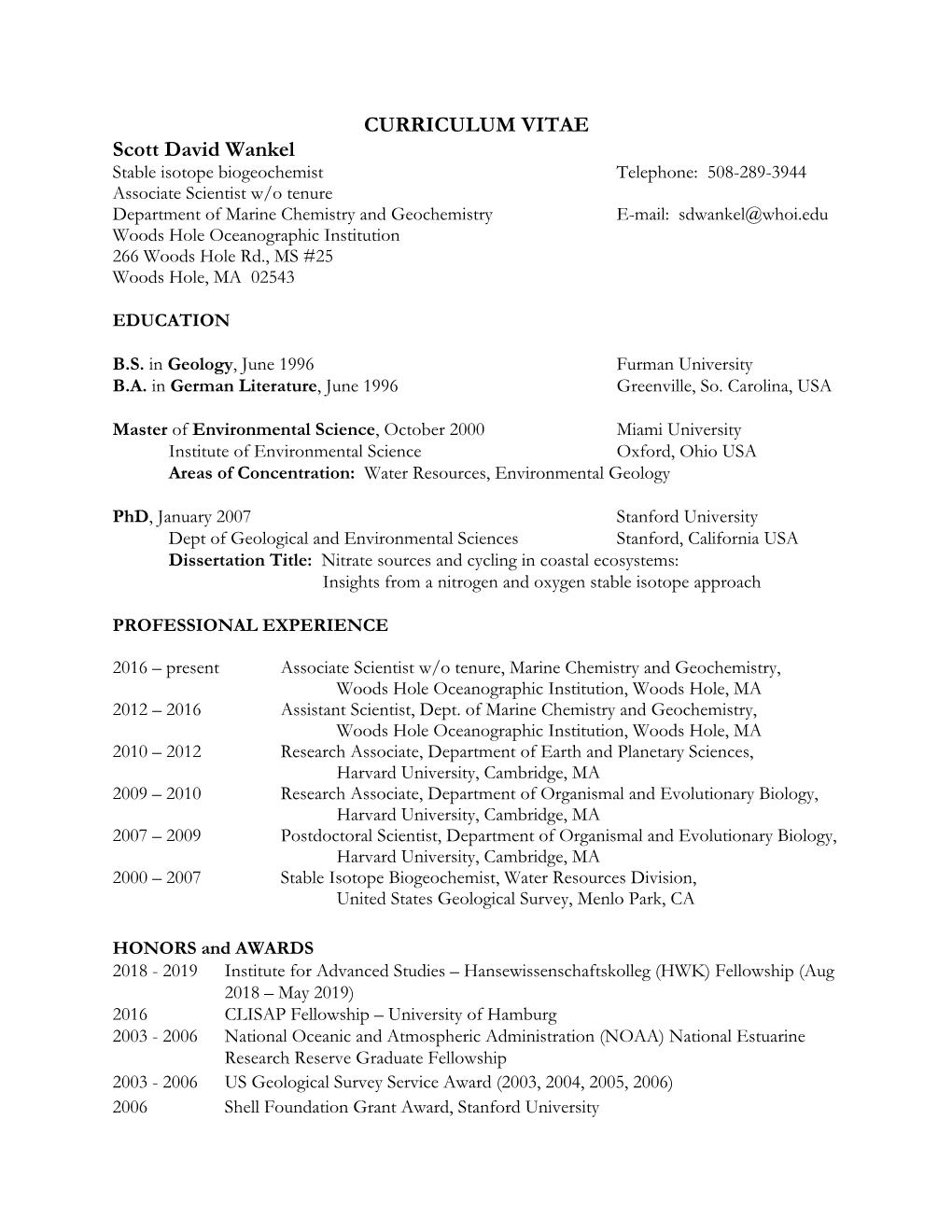 CURRICULUM VITAE Scott David Wankel