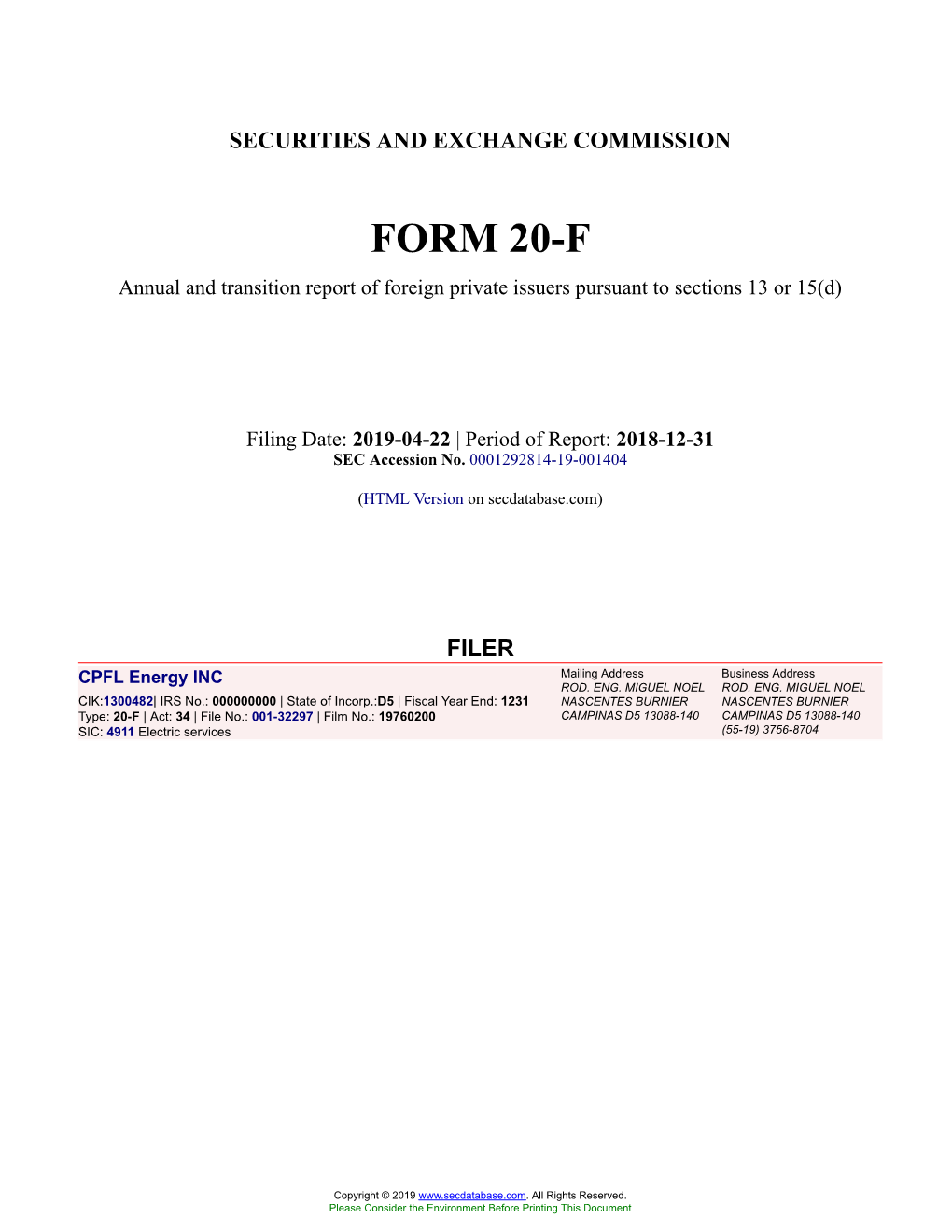 CPFL Energy INC Form 20-F Filed 2019-04-22