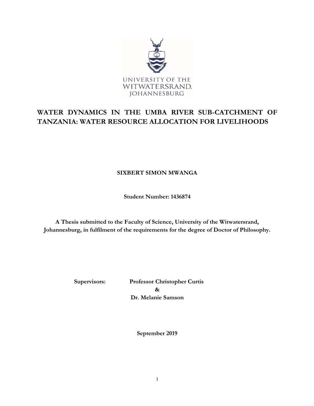 Water Dynamics in the Umba River Sub-Catchment of Tanzania: Water Resource Allocation for Livelihoods