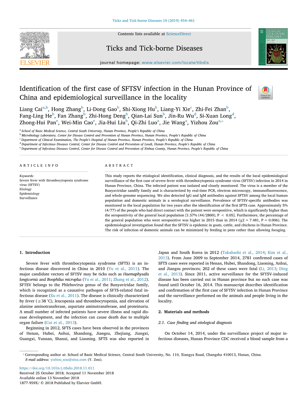 Identification of the First Case of SFTSV Infection in the Hunan Province of China and Epidemiological Surveillance in the Local