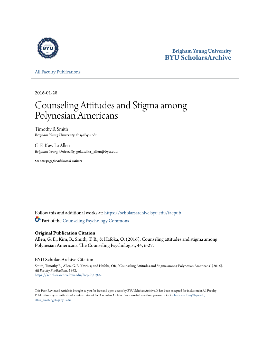 Counseling Attitudes and Stigma Among Polynesian Americans Timothy B