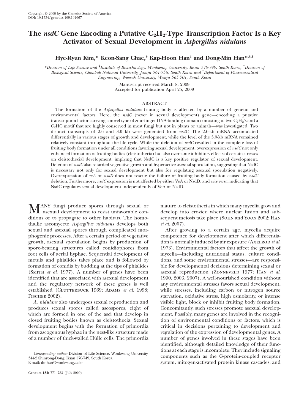 The Nsdc Gene Encoding a Putative C 2H2-Type Transcription Factor Is