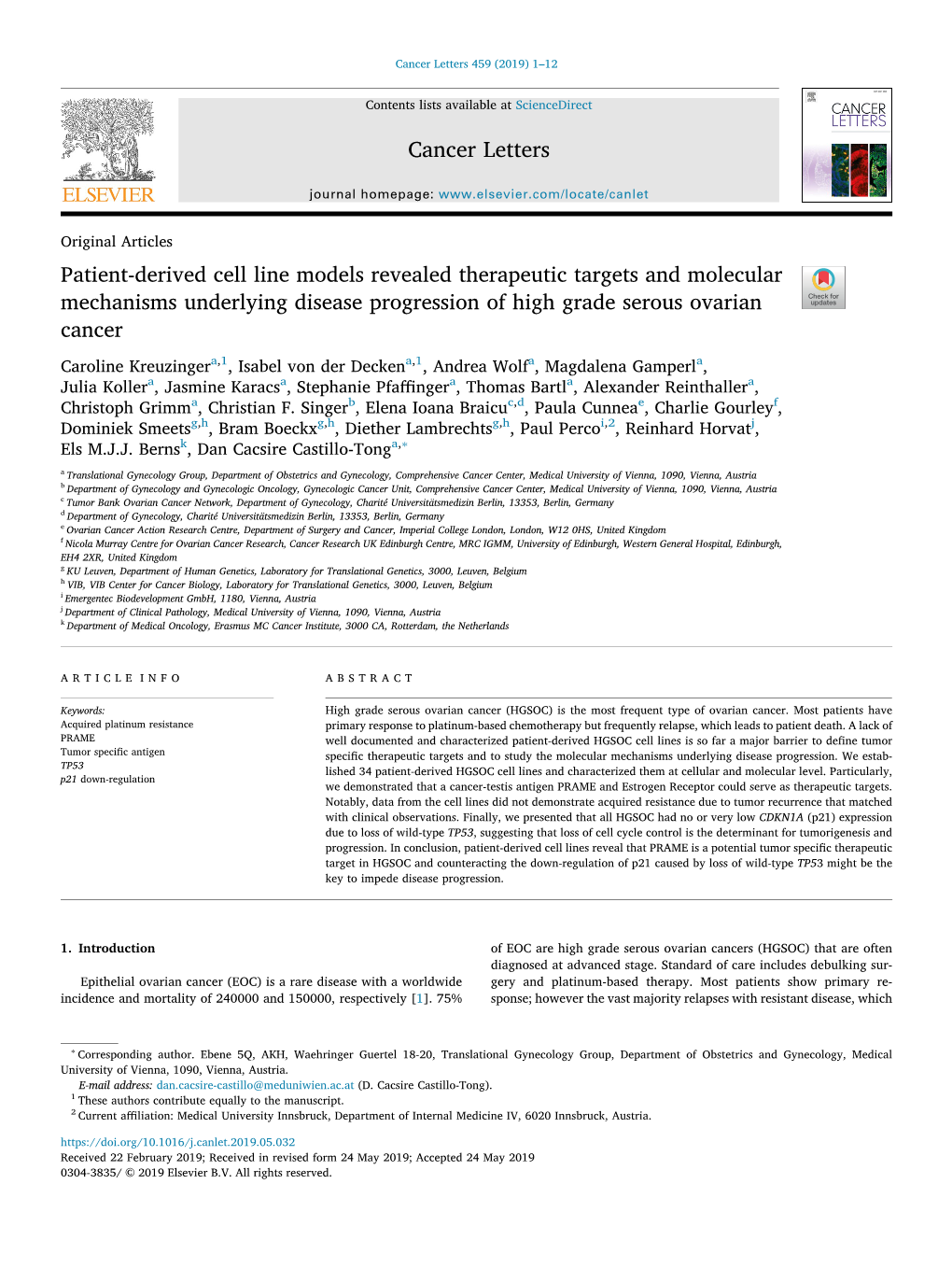 Patient-Derived Cell Line Models Revealed Therapeutic Targets And