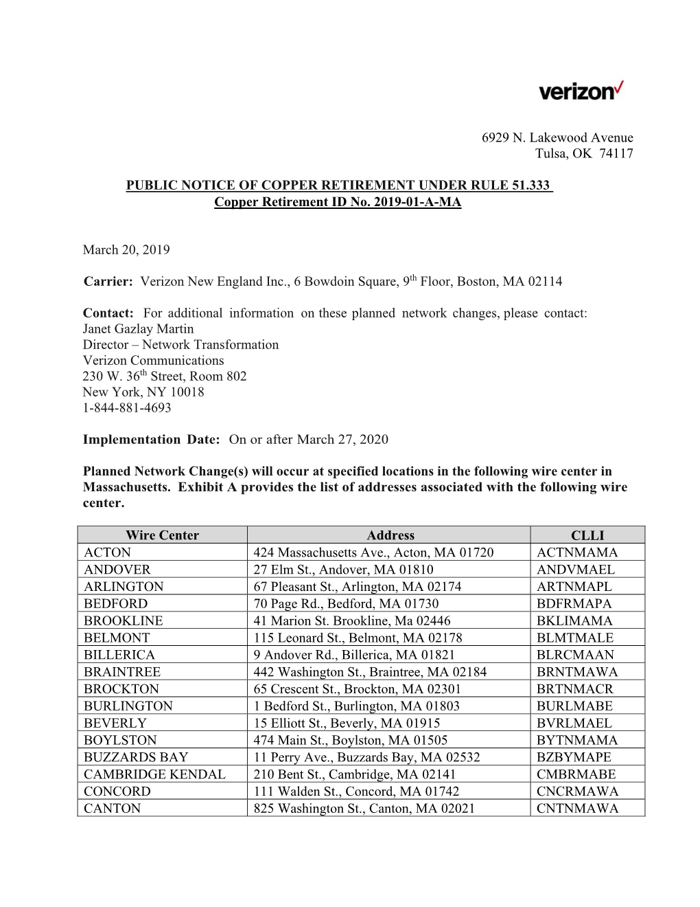 Copper Retirement ID No. 2019-01-A-MA