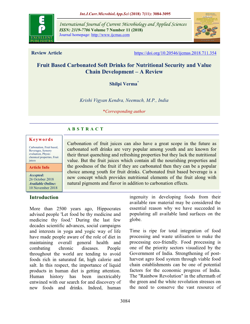 Fruit Based Carbonated Soft Drinks for Nutritional Security and Value Chain Development – a Review