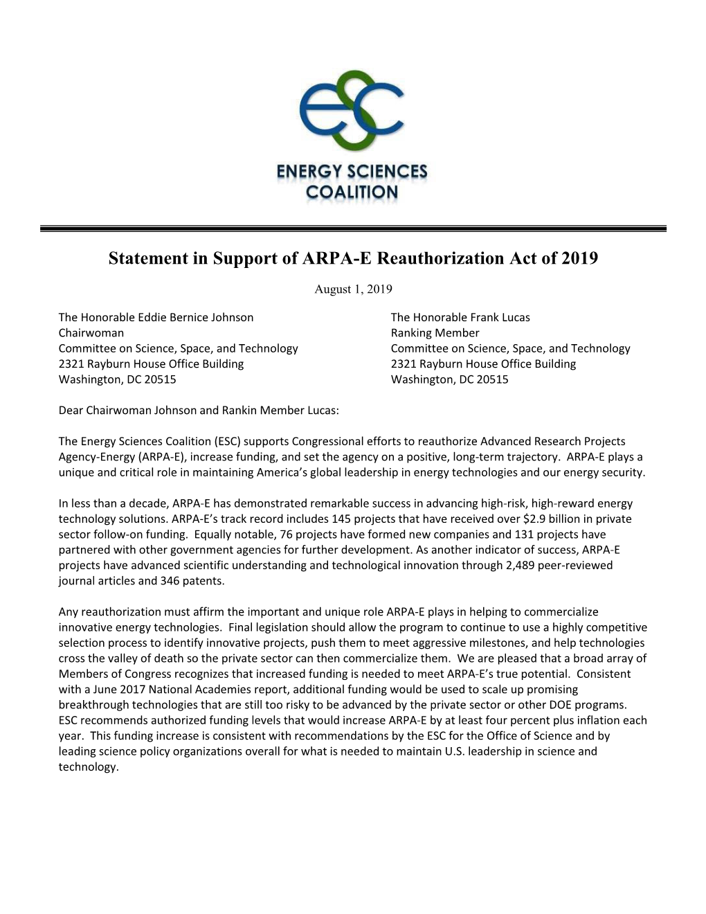 Statement in Support of ARPA-E Reauthorization Act of 2019