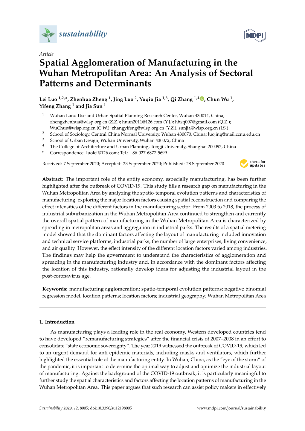 Spatial Agglomeration of Manufacturing in the Wuhan Metropolitan Area: an Analysis of Sectoral Patterns and Determinants