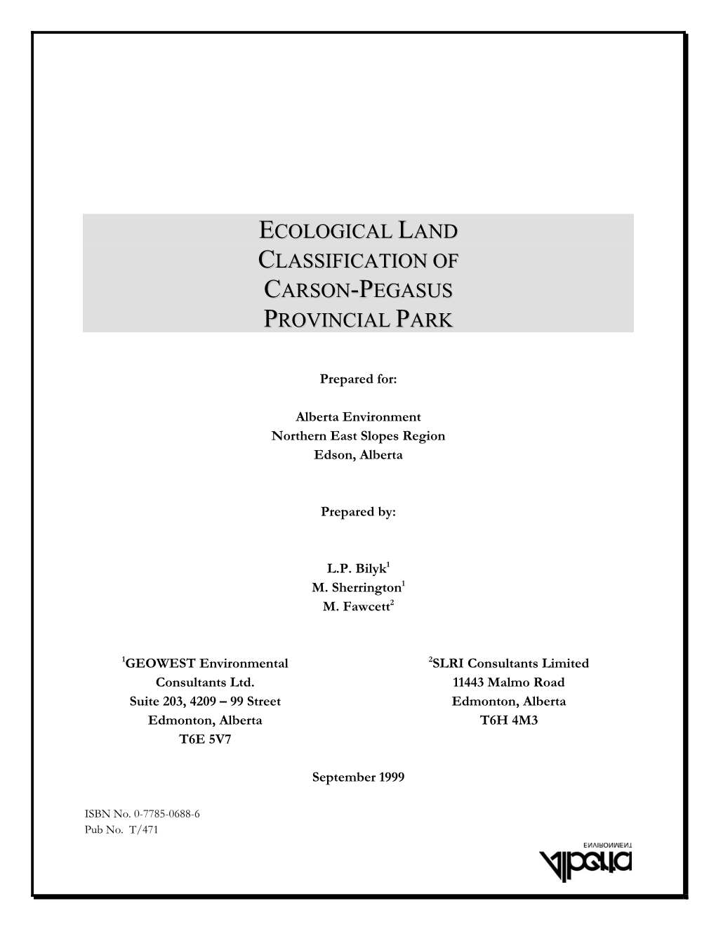 Ecological Land Classification of Carson-Pegasus Provincial Park