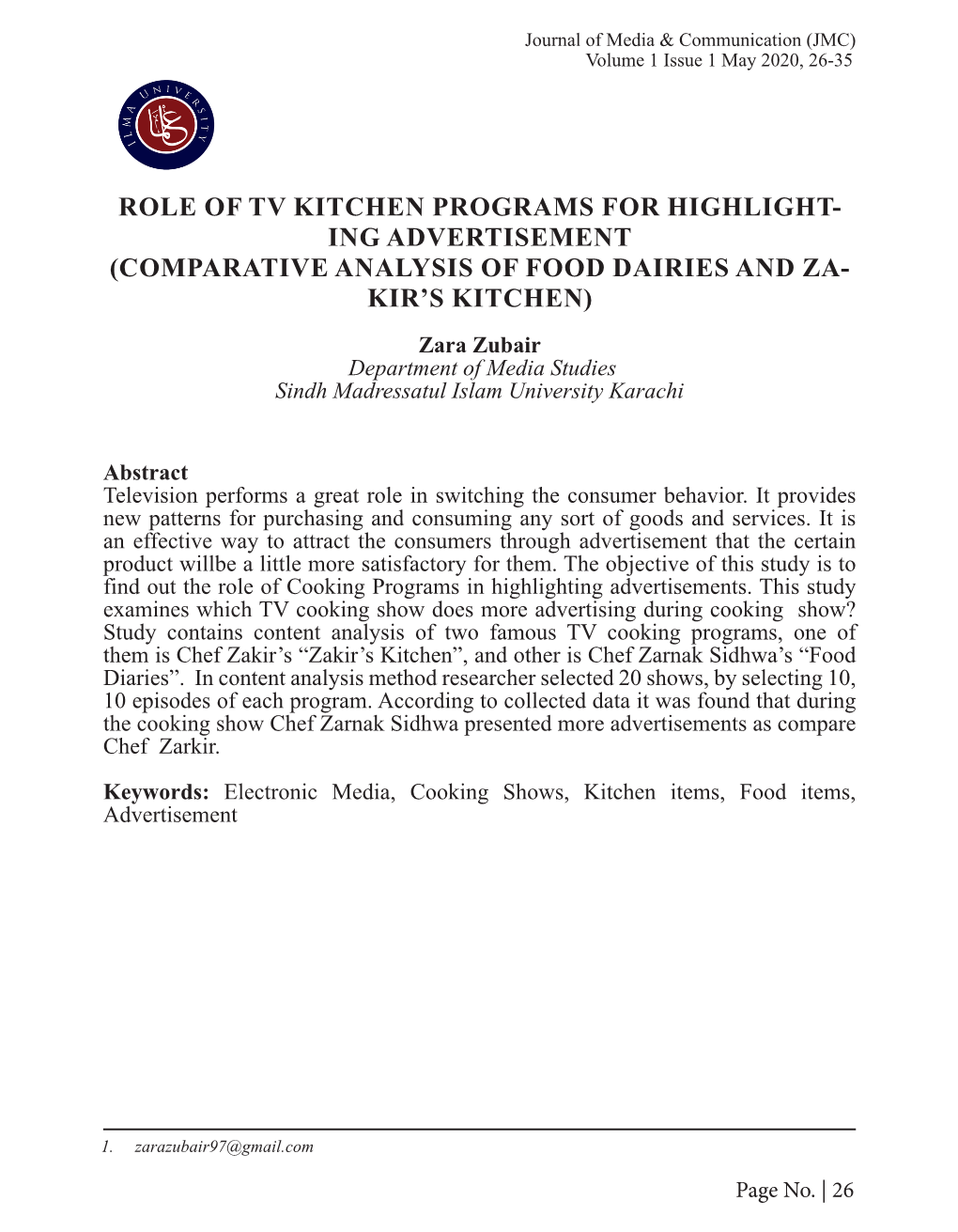 Role of Tv Kitchen Programs for Highlight- Ing Advertisement