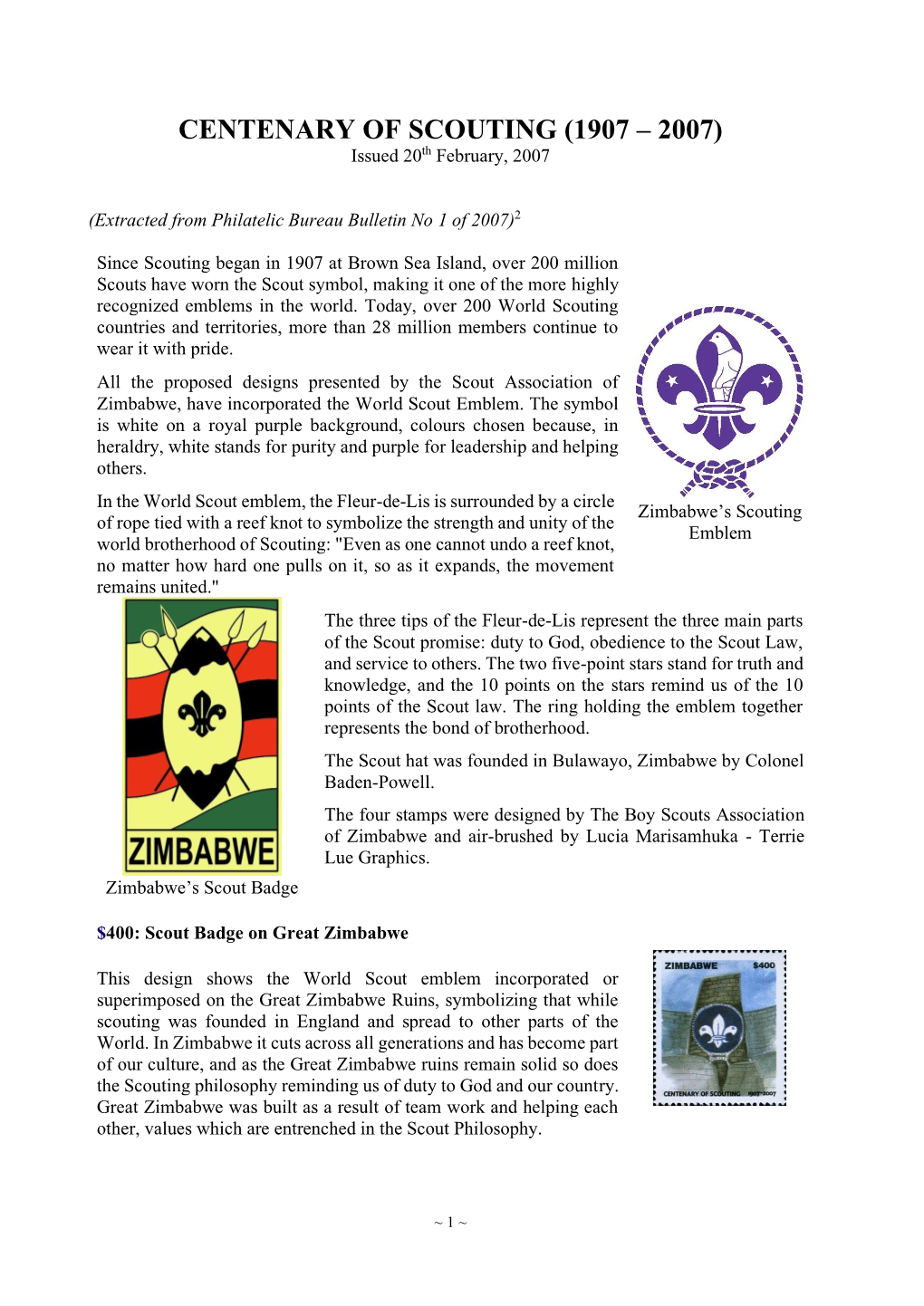 CENTENARY of SCOUTING (1907 – 2007) Issued 20Th February, 2007