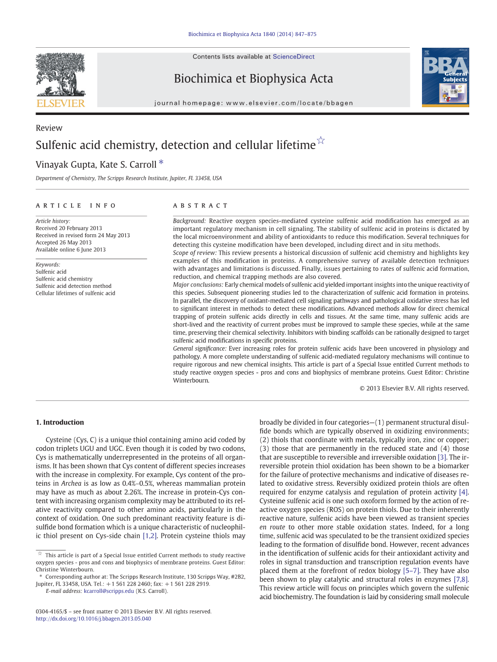 Sulfenic Acid Chemistry, Detection and Cellular Lifetime☆