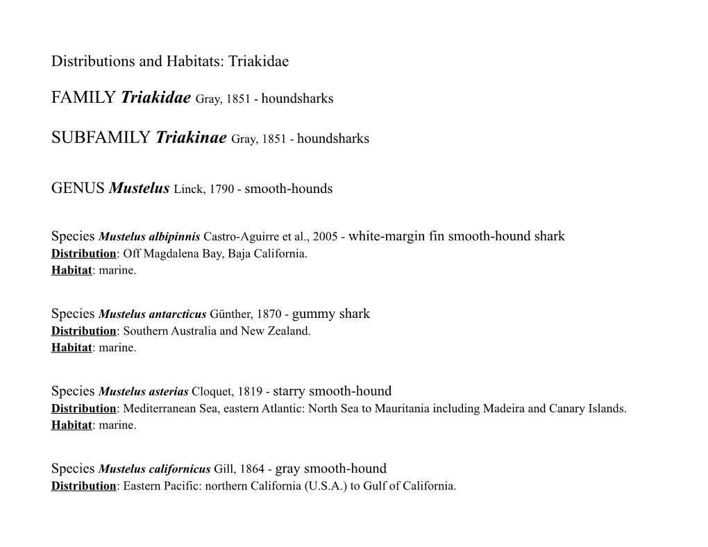 Distributions and Habitats: Triakidae