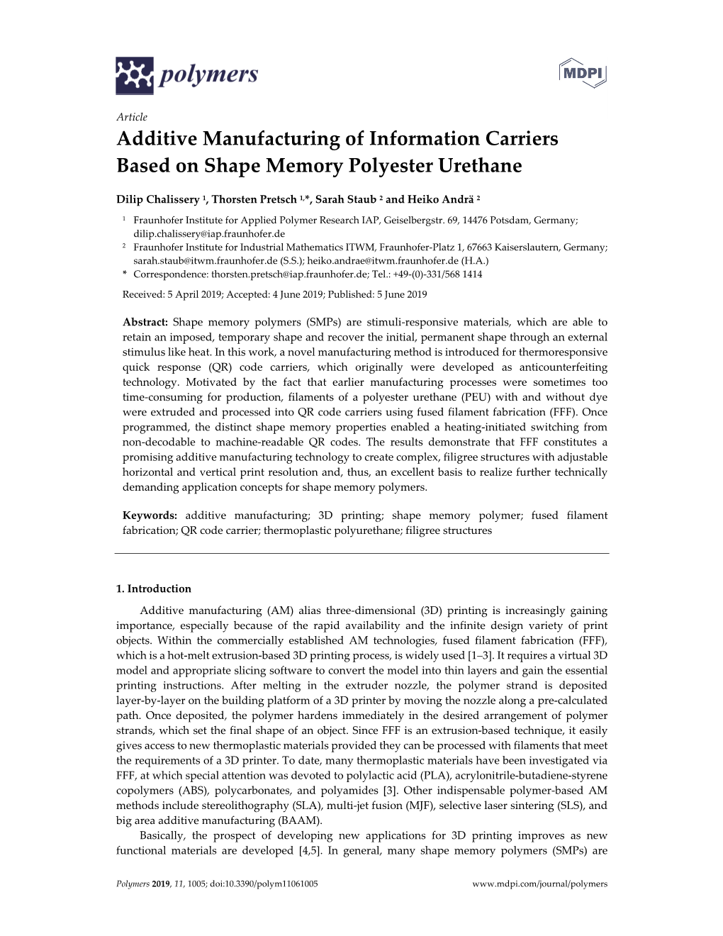 Additive Manufacturing of Information Carriers Based on Shape Memory Polyester Urethane