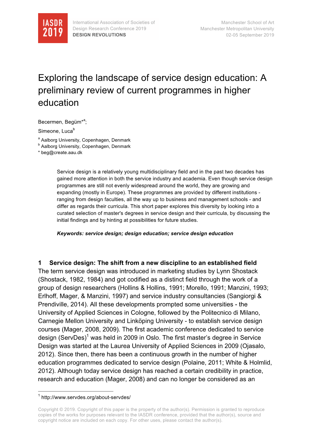 Exploring the Landscape of Service Design Education: a Preliminary Review of Current Programmes in Higher Education