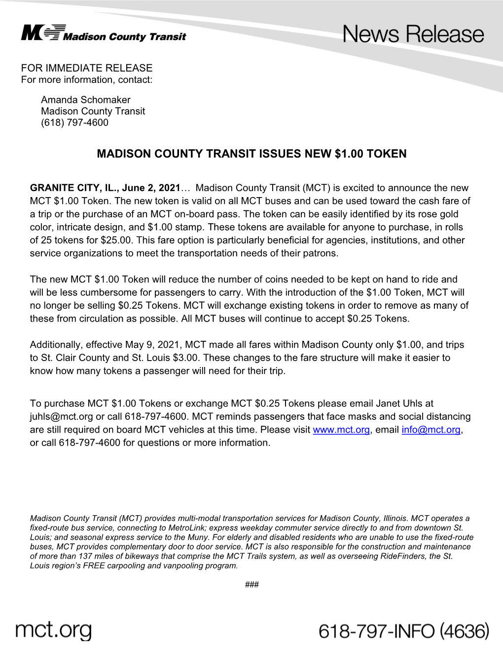 Madison County Transit Issues New $1.00 Token