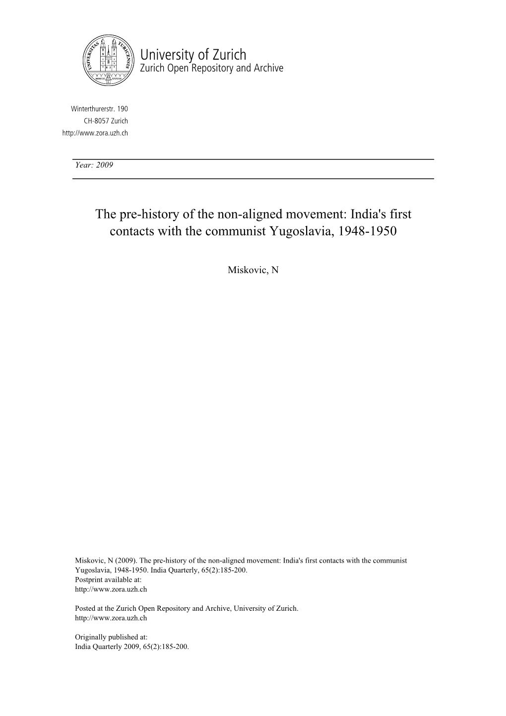 The Pre-History of the Non-Aligned Movement: India's First Contacts with the Communist Yugoslavia, 1948-1950