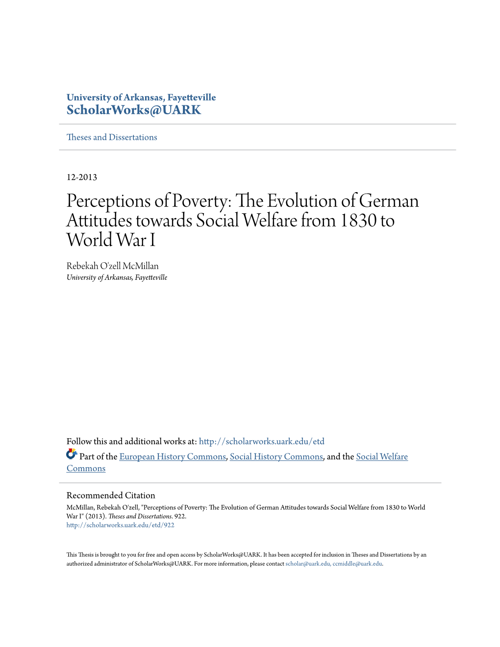 Perceptions of Poverty: the Evolution of German Attitudes Towards Social Welfare from 1830 to World War I