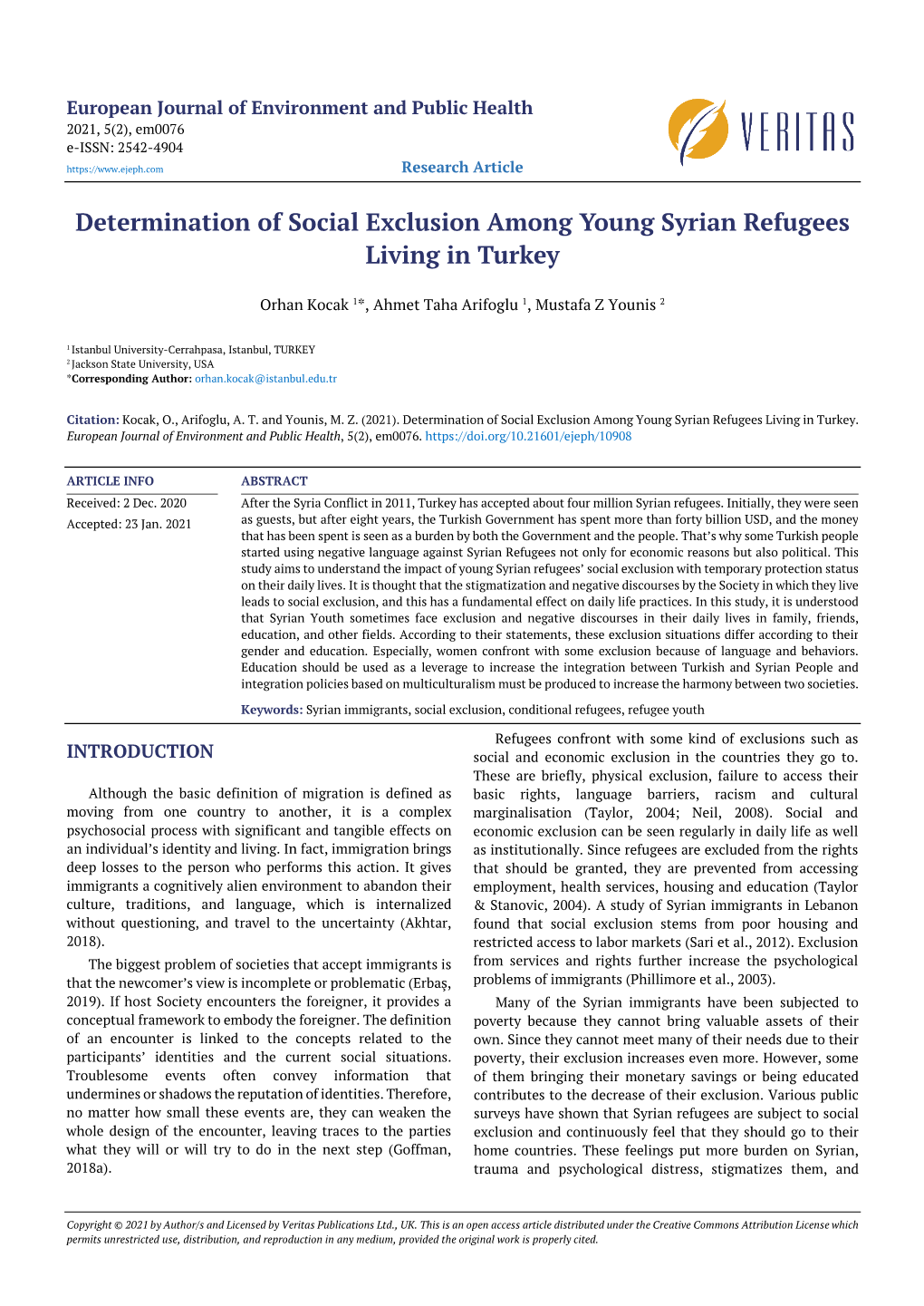 Determination of Social Exclusion Among Young Syrian Refugees Living in Turkey