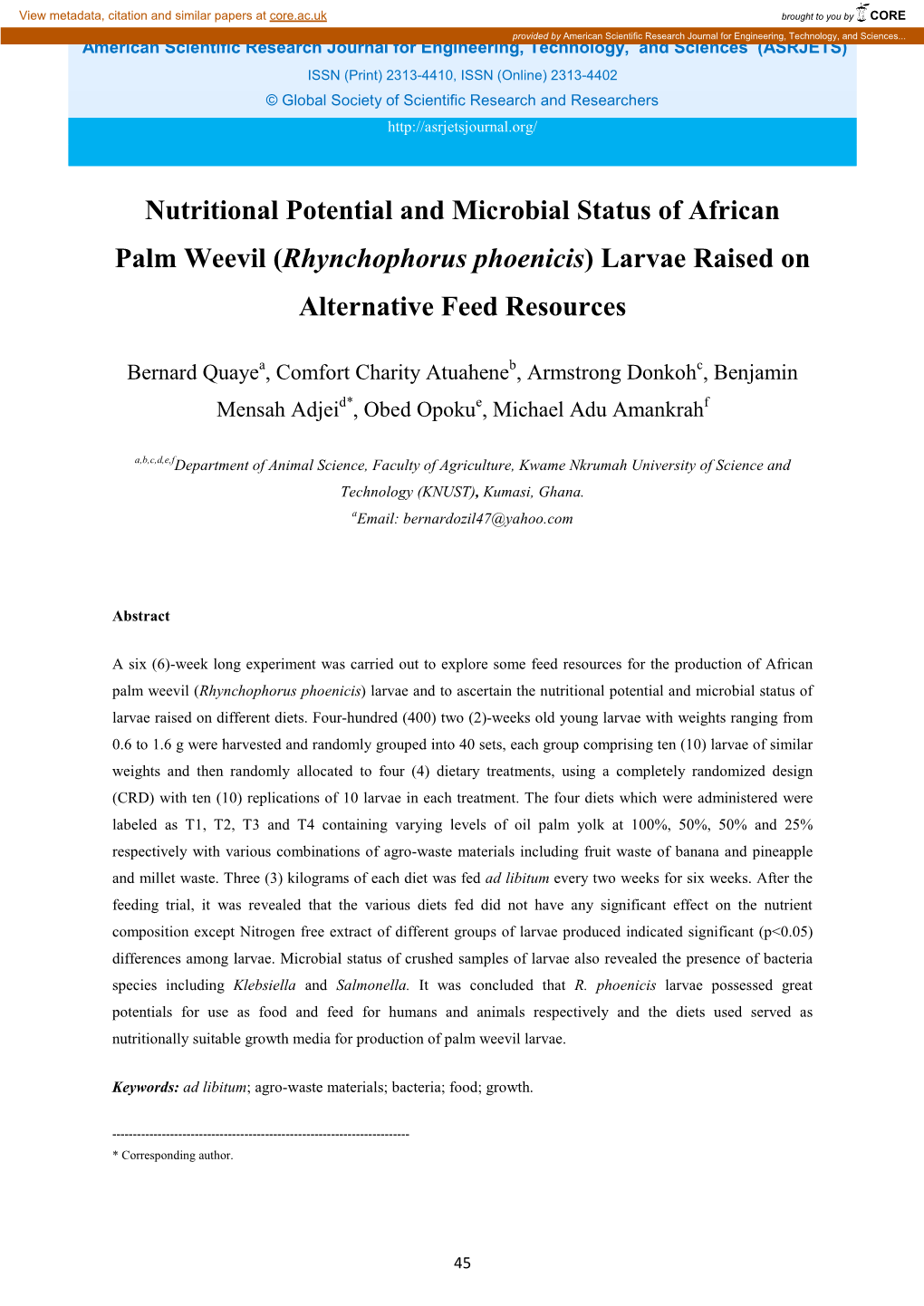 Nutritional Potential and Microbial Status of African Palm Weevil (Rhynchophorus Phoenicis) Larvae Raised on Alternative Feed Resources