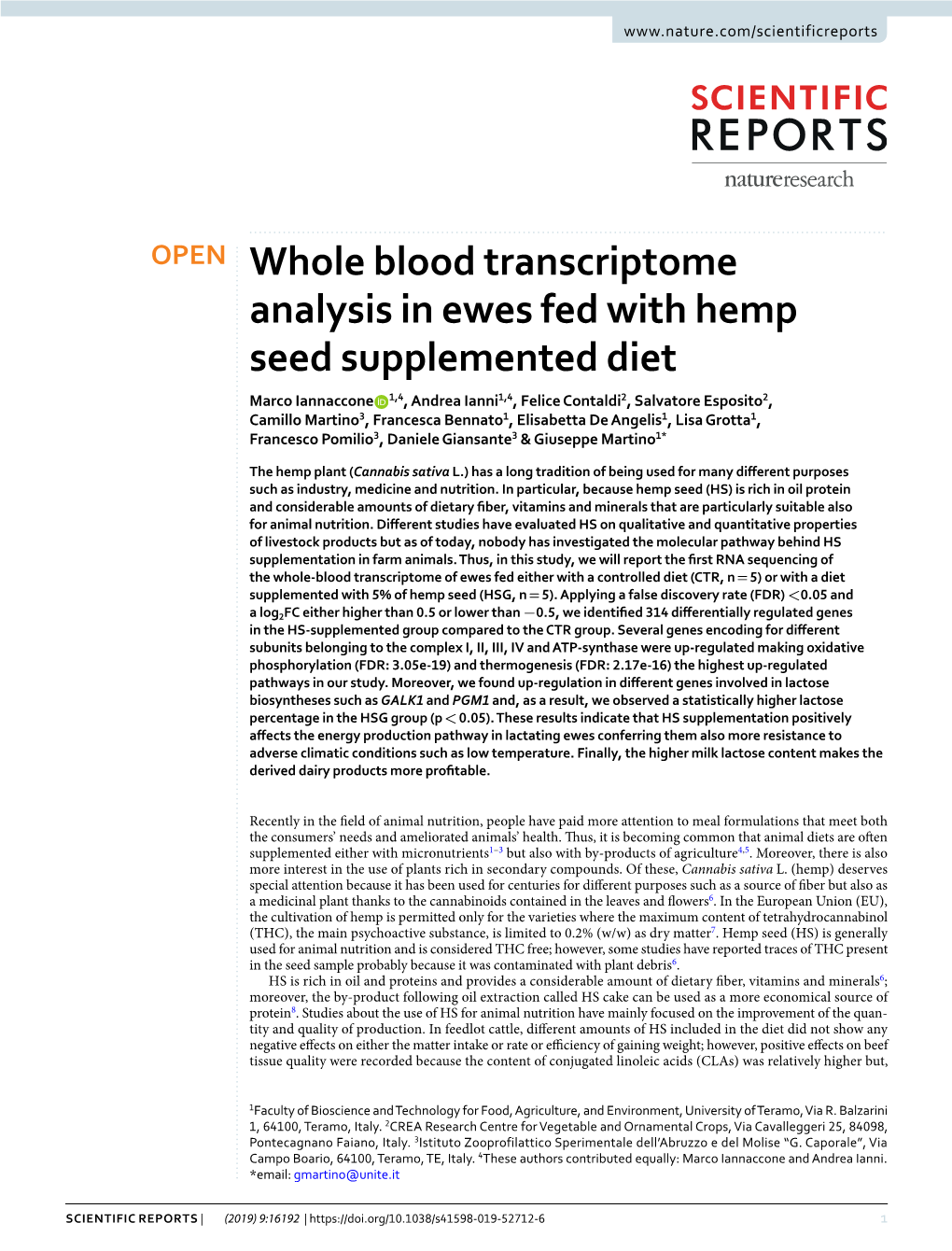 Whole Blood Transcriptome Analysis in Ewes Fed with Hemp Seed