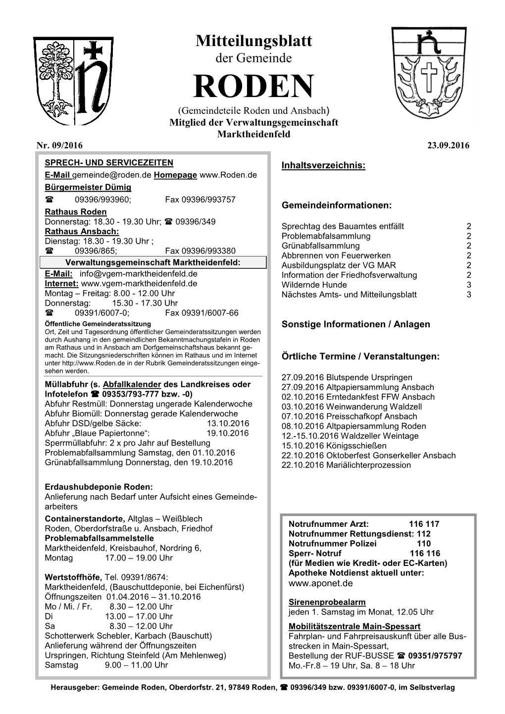 Mitteilungsblatt Der Gemeinde RODEN (Gemeindeteile Roden Und Ansbach) Mitglied Der Verwaltungsgemeinschaft Marktheidenfeld Nr