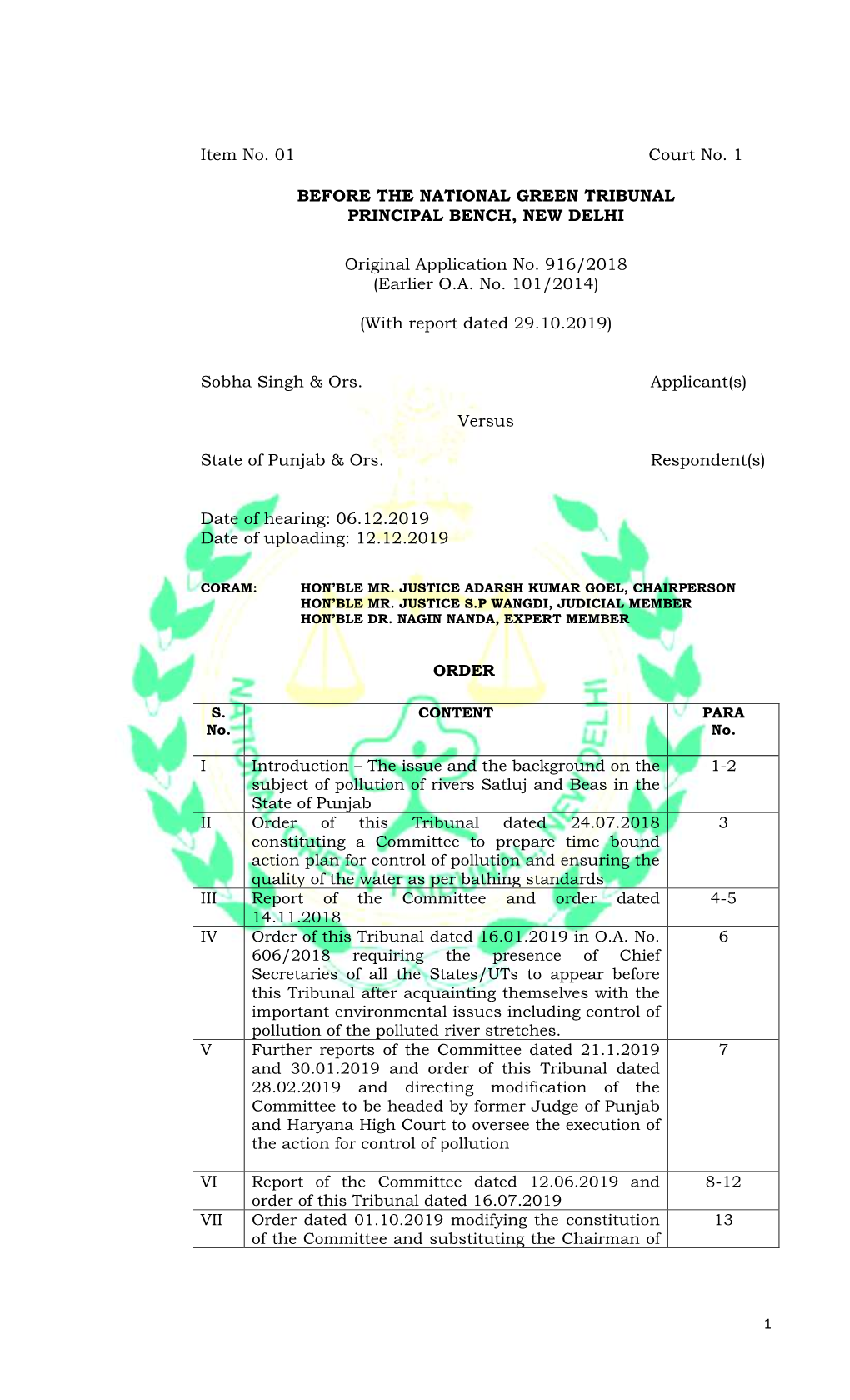 Item No. 01 Court No. 1 BEFORE the NATIONAL GREEN TRIBUNAL PRINCIPAL BENCH, NEW DELHI Original Application No. 916/2018