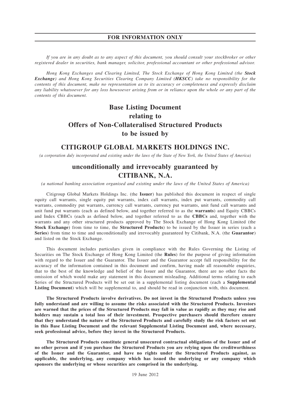 Base Listing Document Relating to Offers of Non-Collateralised Structured Products to Be Issued by CITIGROUP GLOBAL MARKETS HOLDINGS INC
