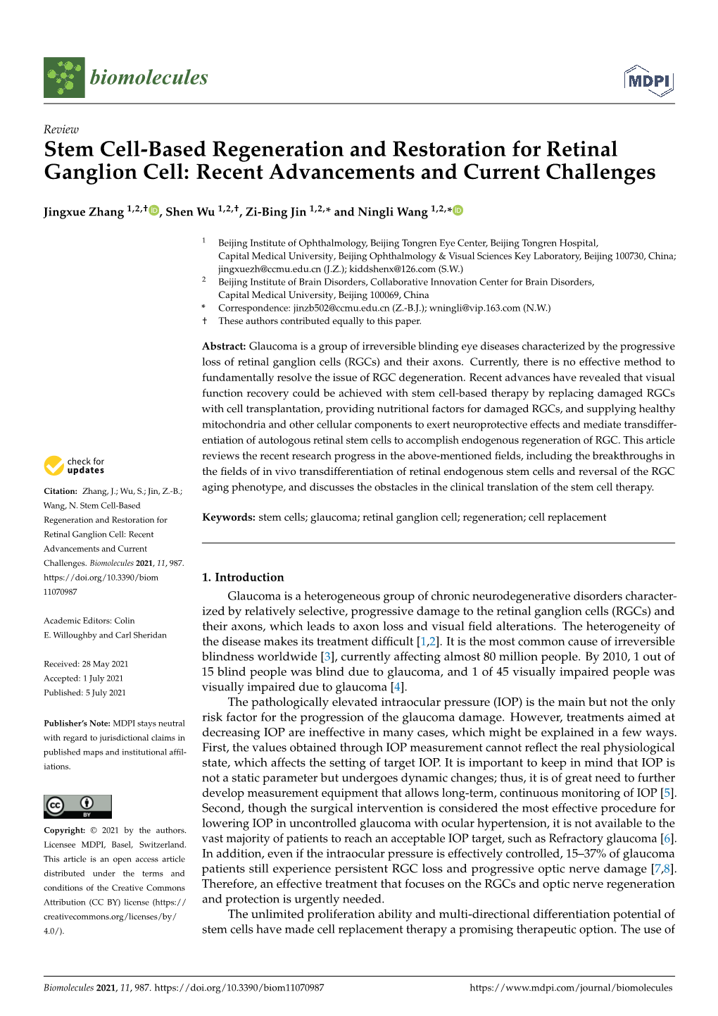 Stem Cell-Based Regeneration and Restoration for Retinal Ganglion Cell: Recent Advancements and Current Challenges