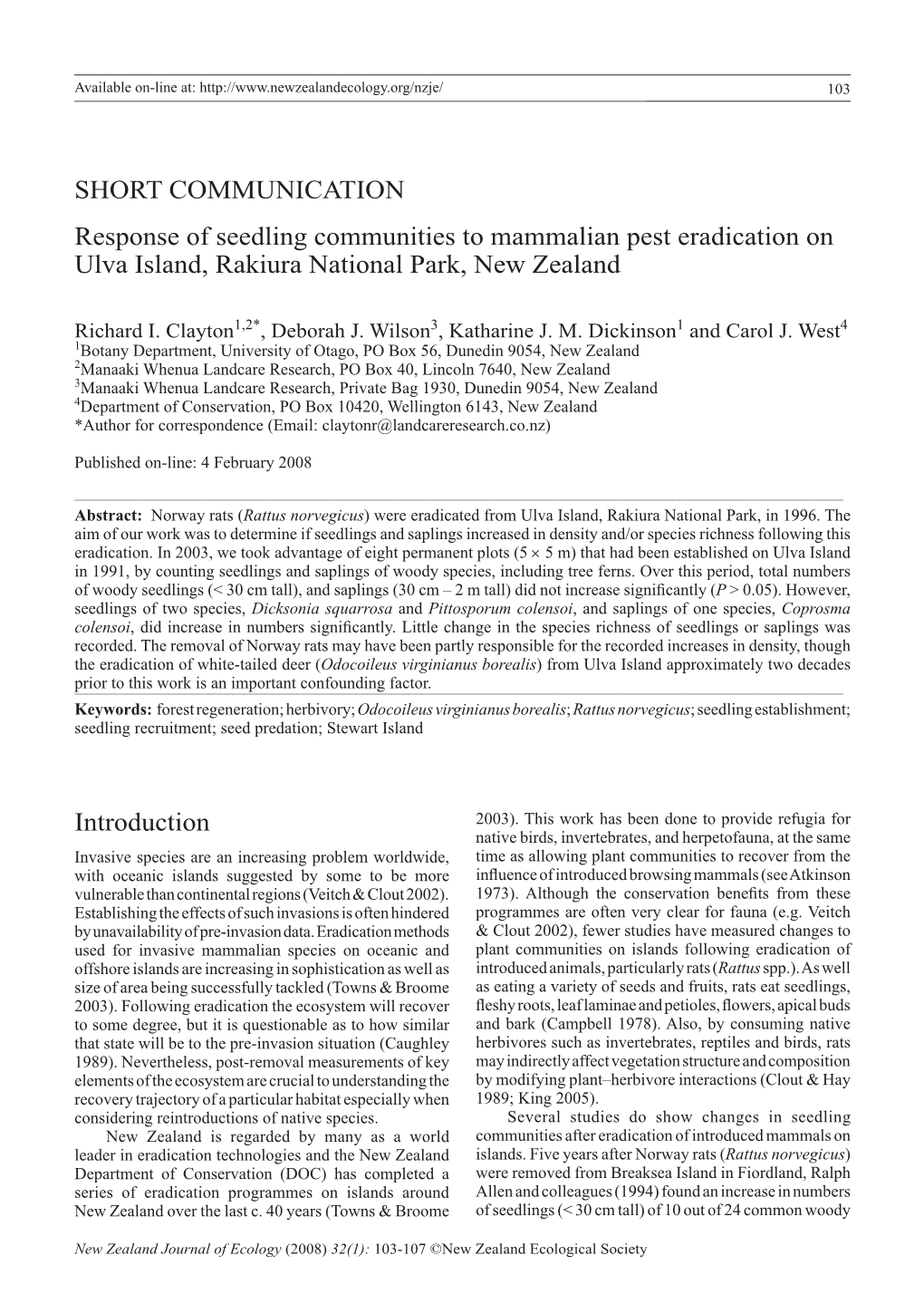 SHORT COMMUNICATION Response of Seedling Communities to Mammalian Pest Eradication on Ulva Island, Rakiura National Park, New Zealand