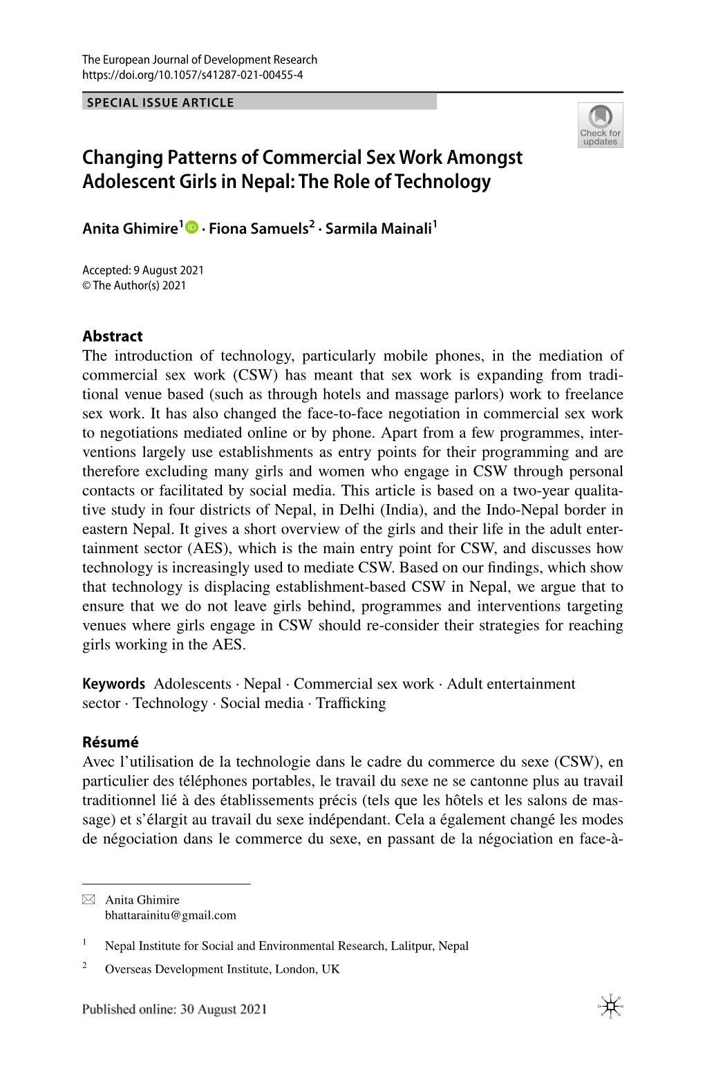 Changing Patterns of Commercial Sex Work Amongst Adolescent Girls in Nepal: the Role of Technology