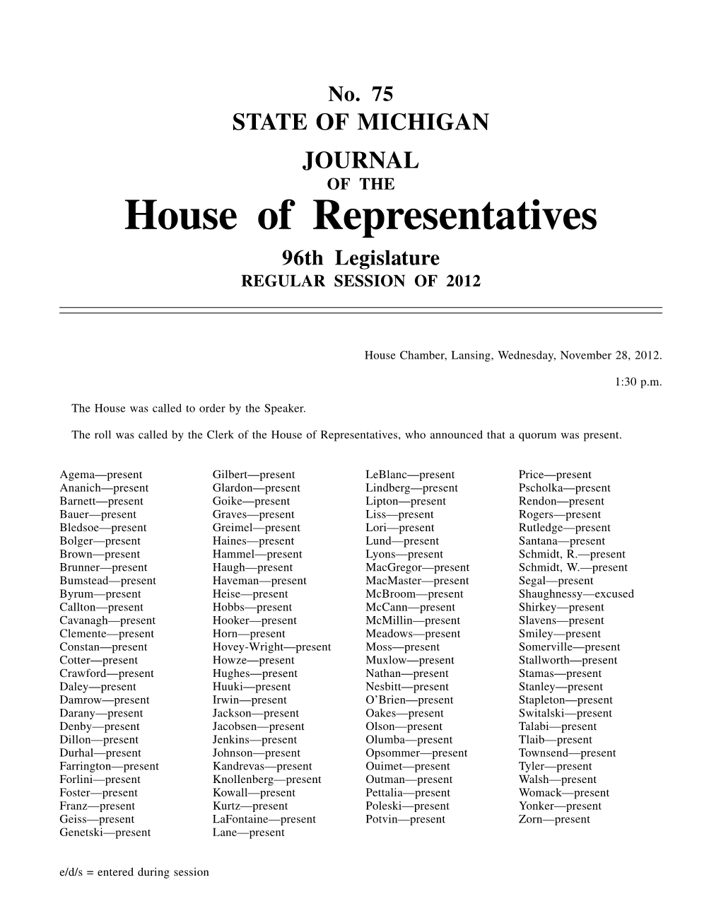 House of Representatives 96Th Legislature REGULAR SESSION of 2012