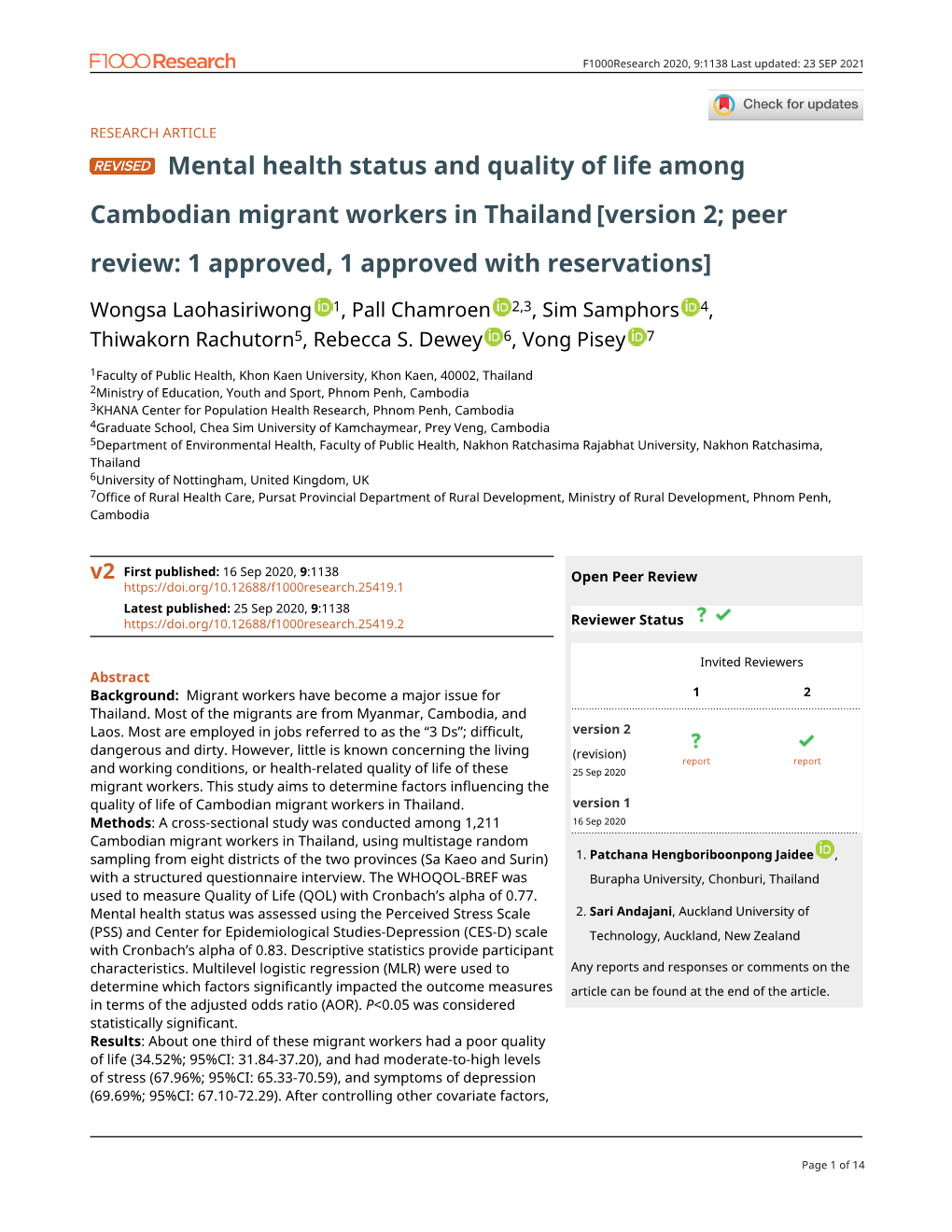 Mental Health Status and Quality of Life Among Cambodian Migrant Workers