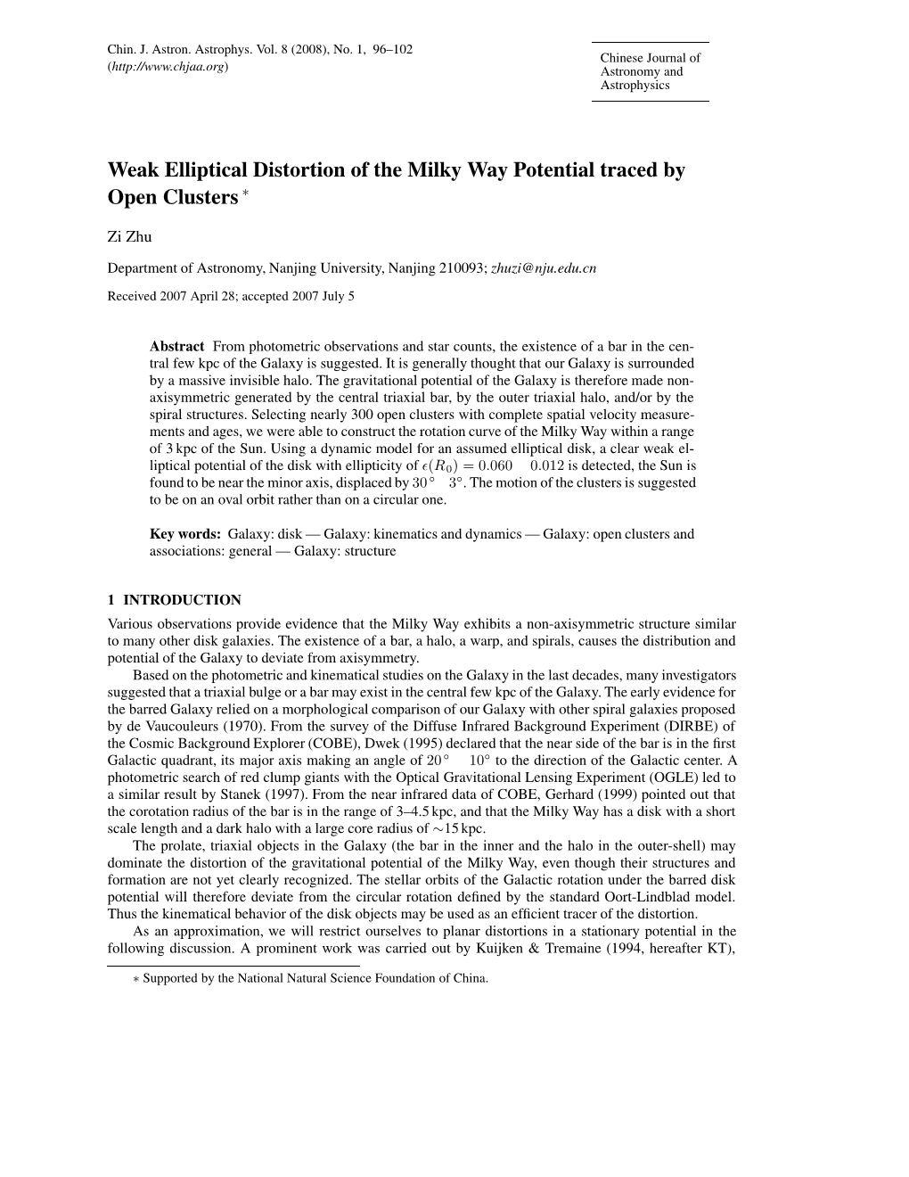 Weak Elliptical Distortion of the Milky Way Potential Traced by Open Clusters ∗