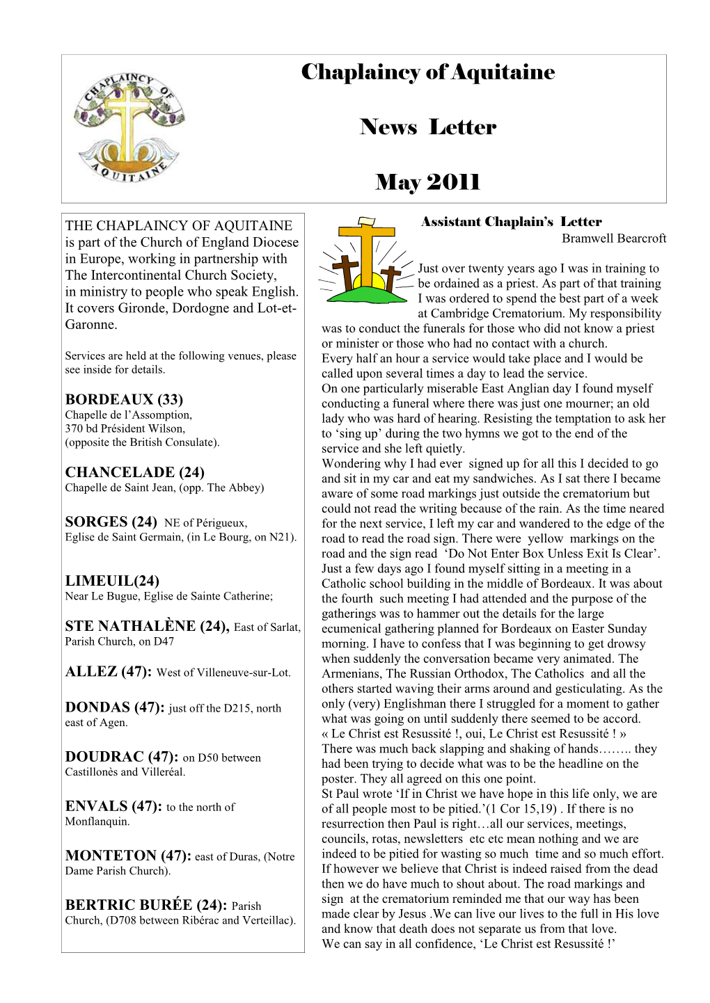 Chaplaincy of Aquitaine News Letter May 2011