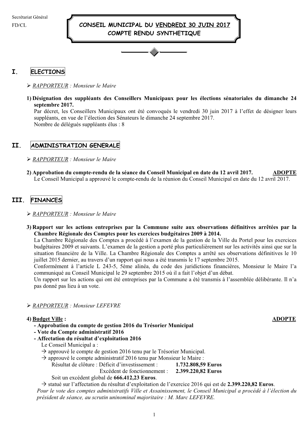 Compte Rendu Des Délibérations Du Conseil Municipal Du 30 06 2017