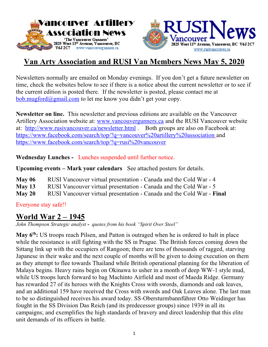 Van Arty Association and RUSI Van Members News May 5, 2020
