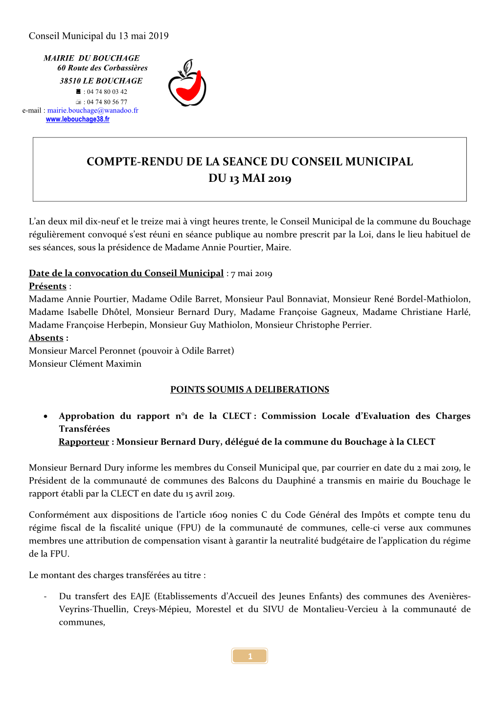 Conseil Municipal Du Bouchage – Mercredi 16 Avril 2014