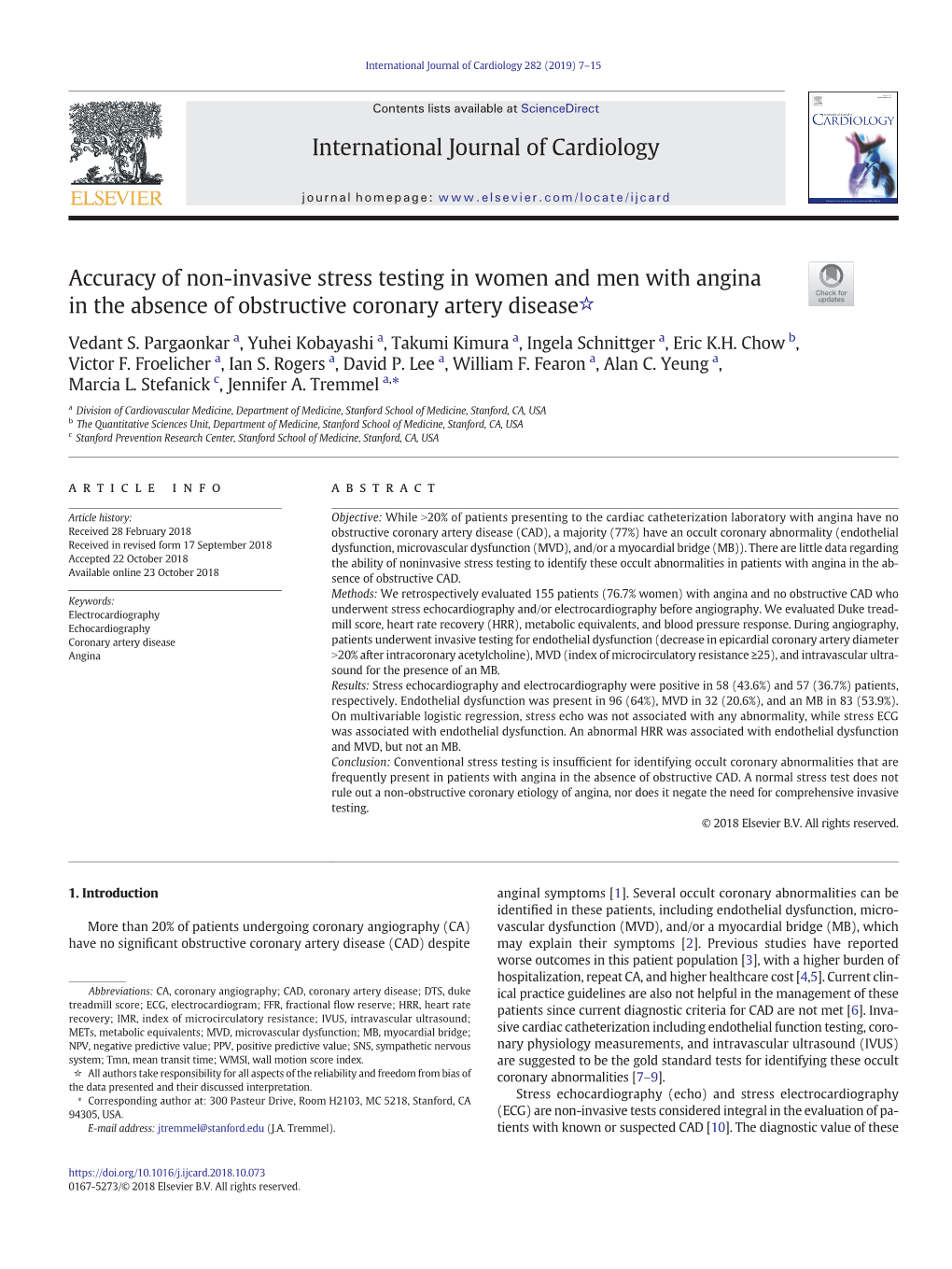 Accuracy of Non-Invasive Stress Testing in Women and Men with Angina in the Absence of Obstructive Coronary Artery Disease☆