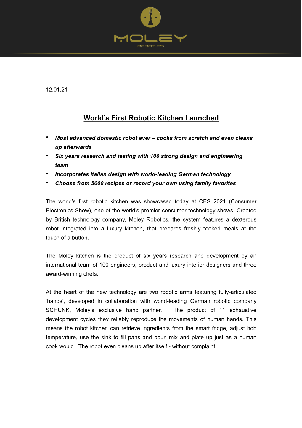 Moley Robotics Press Release