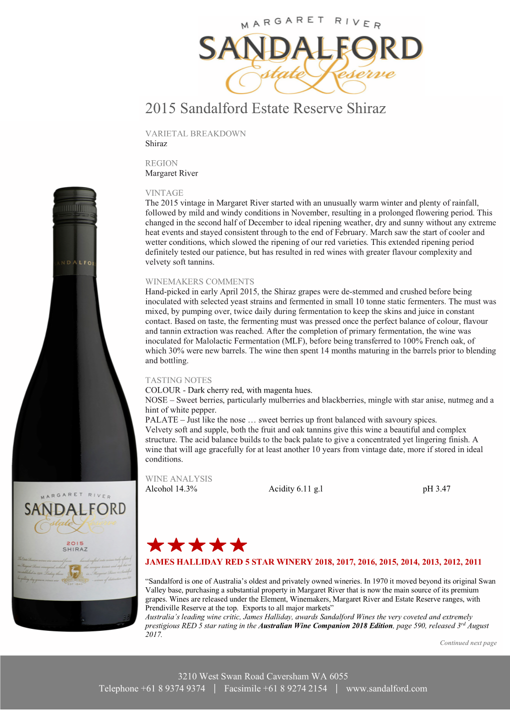 2015 Sandalford Estate Reserve Shiraz