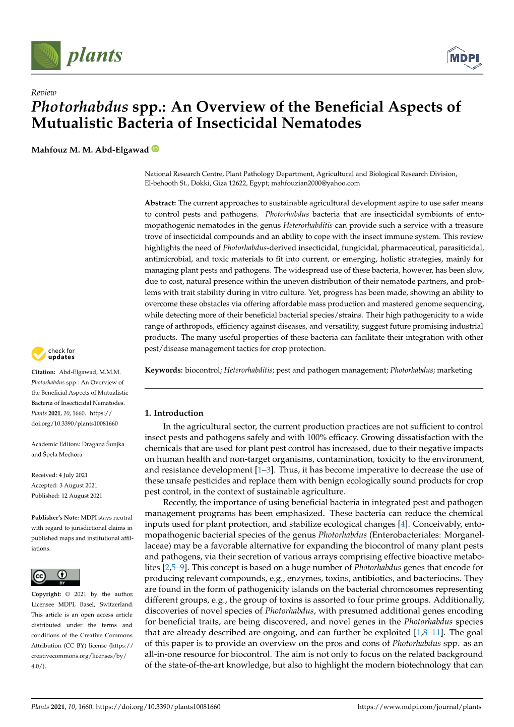 Photorhabdus Spp.: an Overview of the Beneﬁcial Aspects of Mutualistic Bacteria of Insecticidal Nematodes