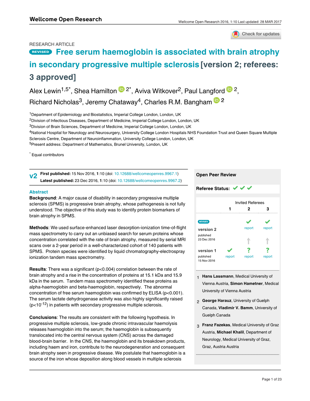 Free Serum Haemoglobin Is Associated with Brain Atrophy In