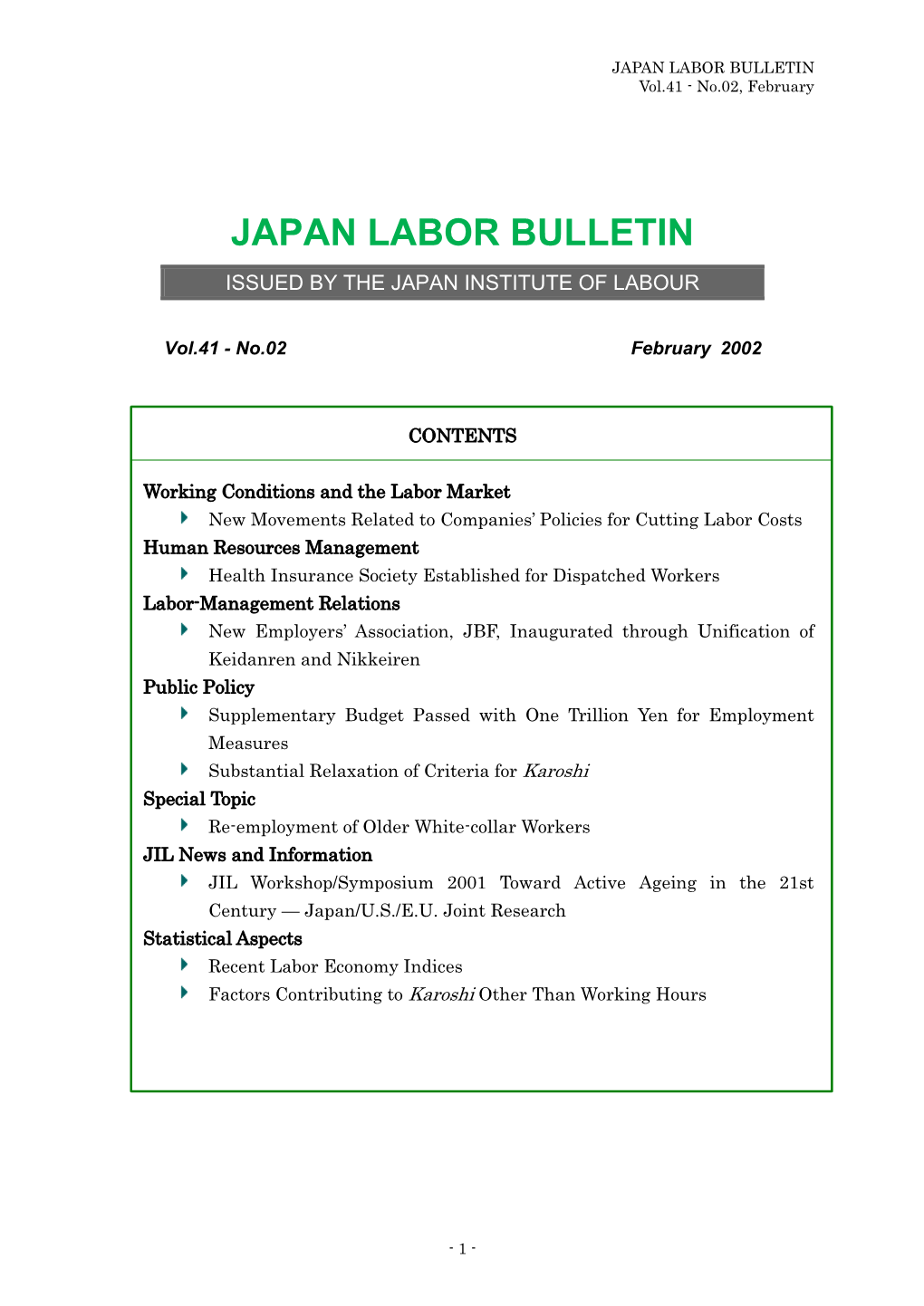 JAPAN LABOR BULLETIN Vol.41 - No.02, February