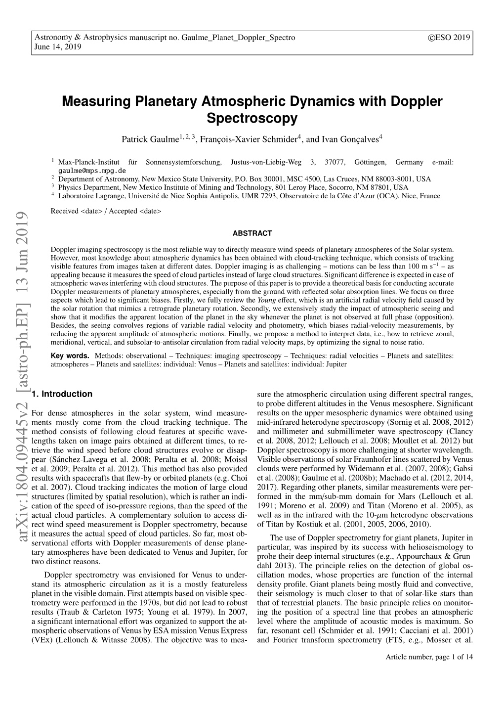 Measuring Planetary Atmospheric Dynamics with Doppler Spectroscopy Patrick Gaulme1, 2, 3, François-Xavier Schmider4, and Ivan Gonçalves4