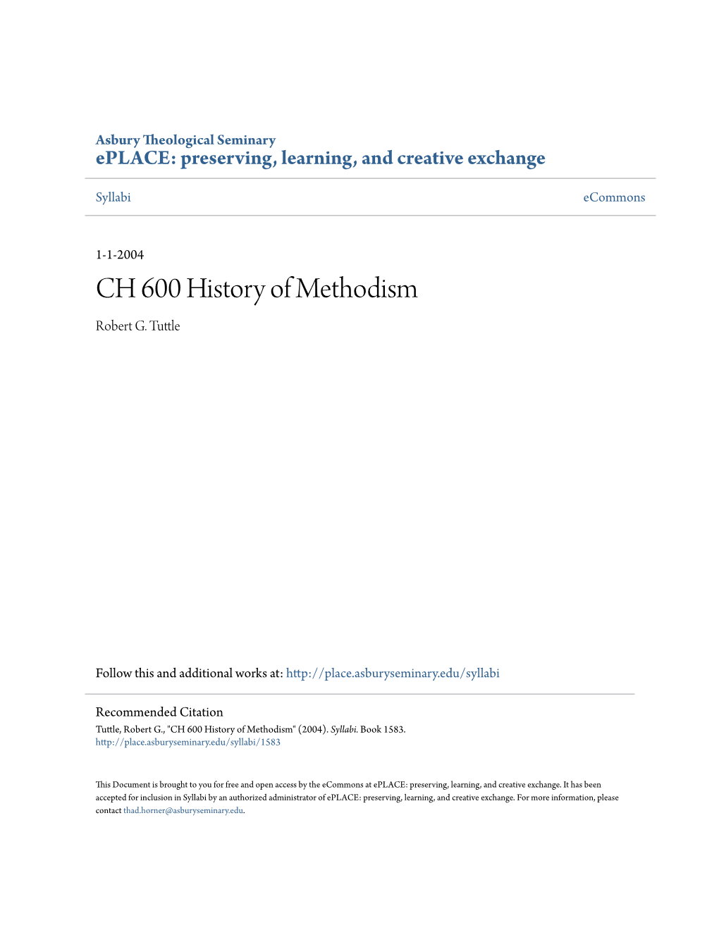 CH 600 History of Methodism Robert G