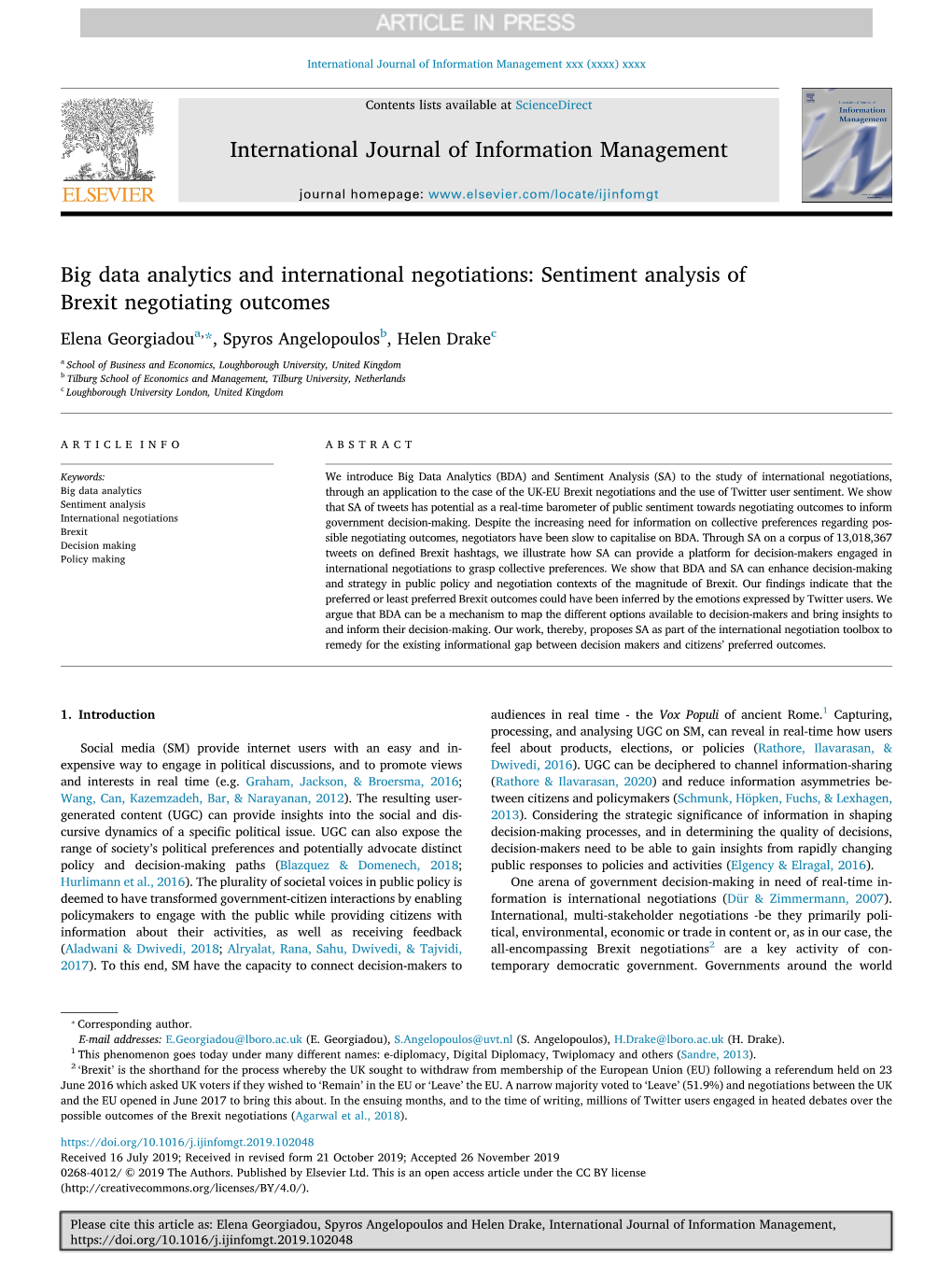 Big Data Analytics and International Negotiations Sentiment Analysis of Brexit Negotiating Outcomes