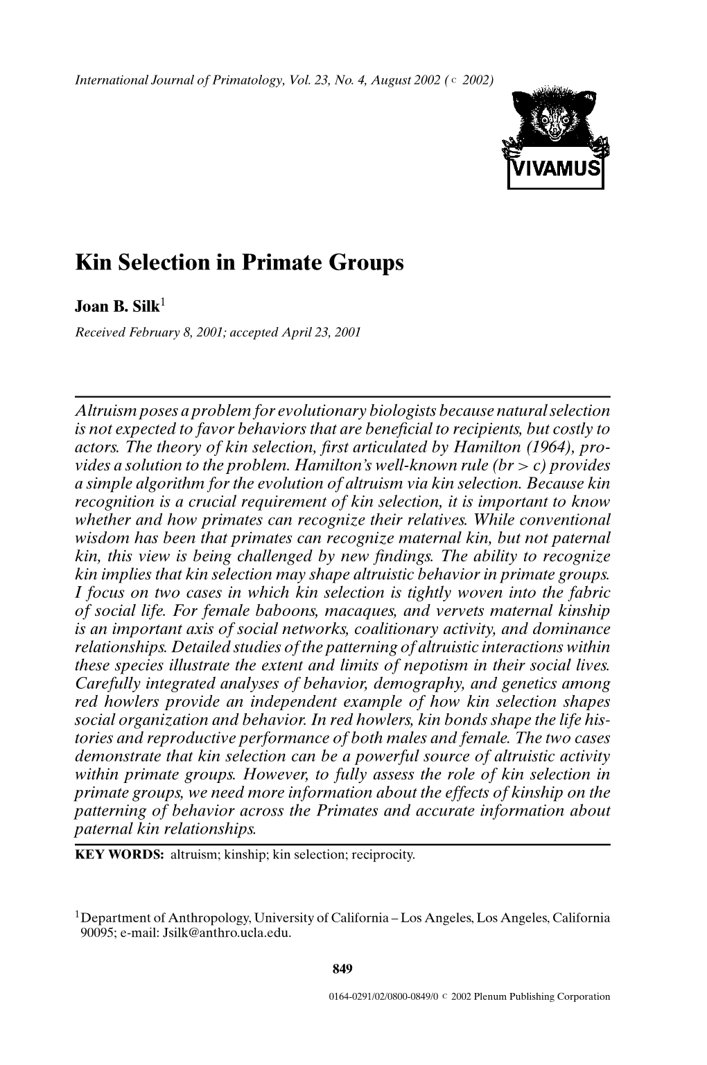 Kin Selection in Primate Groups