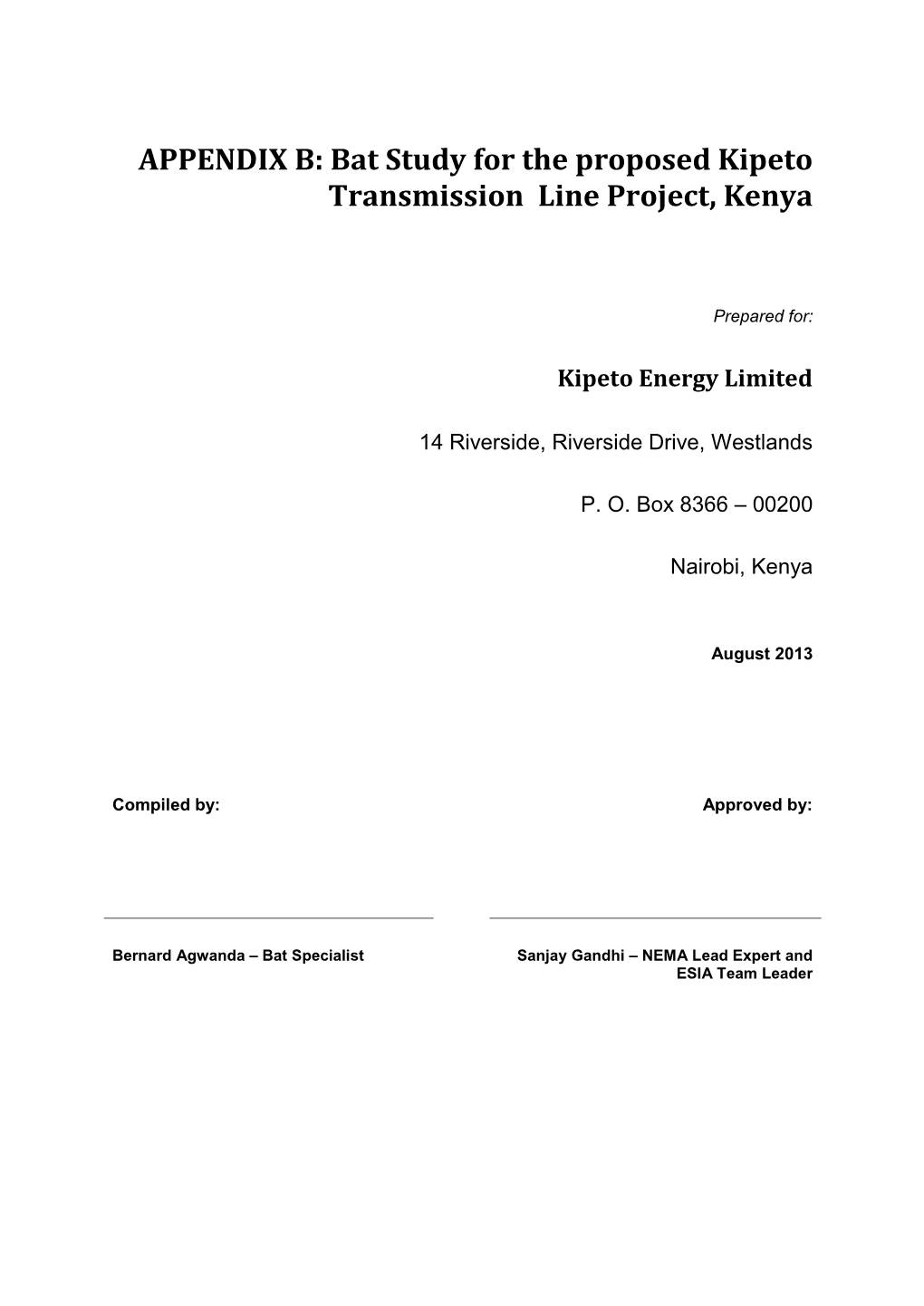 Bat Study for the Proposed Kipeto Transmission Line Project, Kenya