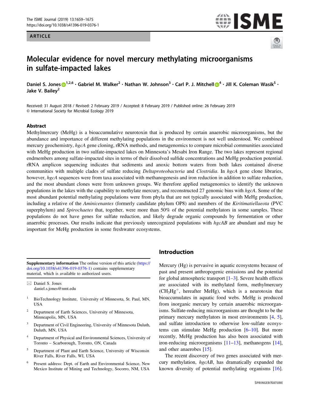 Molecular Evidence for Novel Mercury Methylating Microorganisms in Sulfate-Impacted Lakes