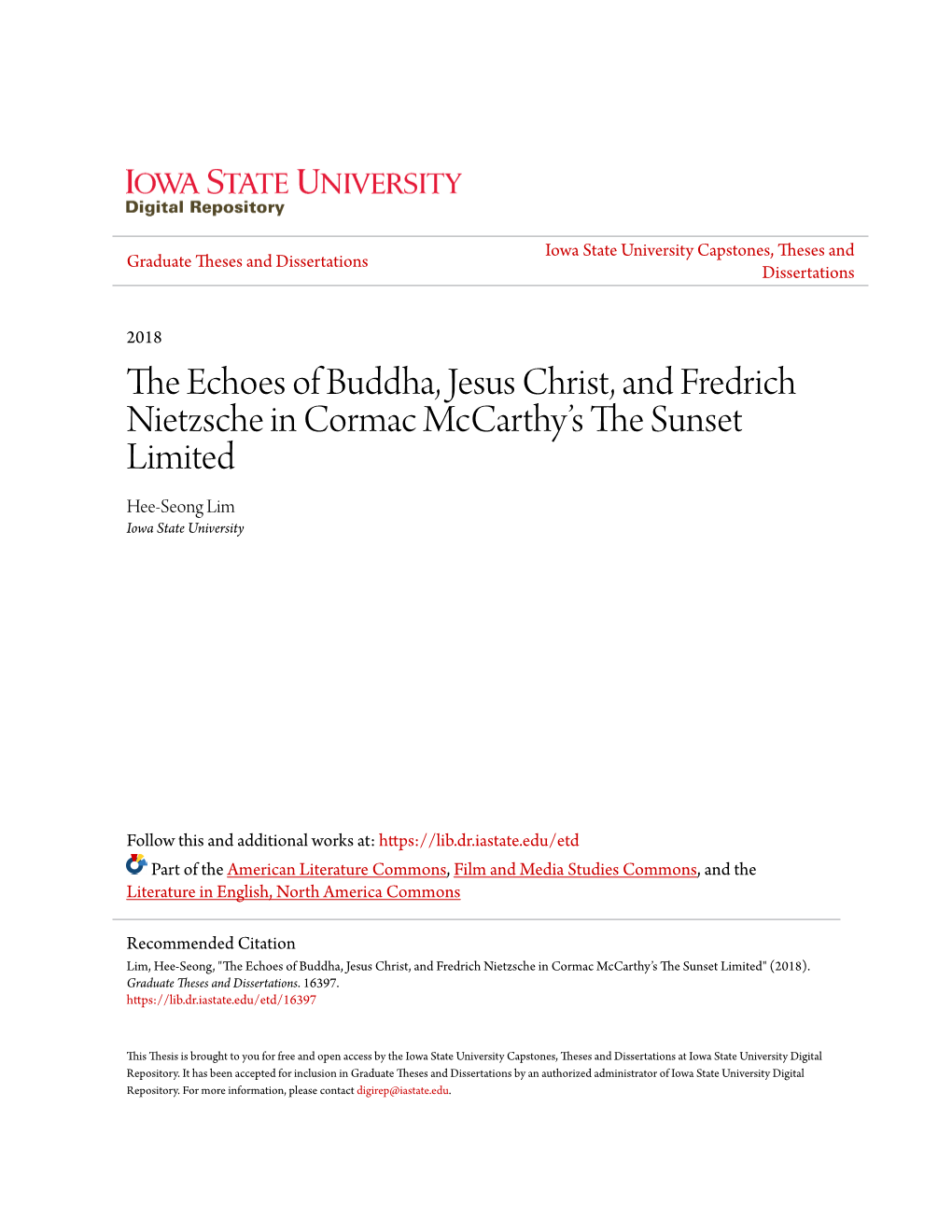 The Echoes of Buddha, Jesus Christ, and Fredrich Nietzsche in Cormac Mccarthy’S the Sunset Limited